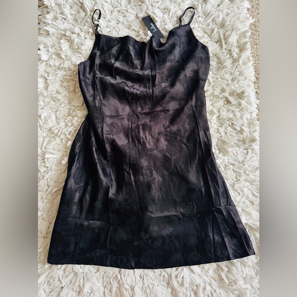 NWT Lulus Close to Your Heart Black Satin Jacquard Cowl Neck Slip Dress - Picture 7 of 10